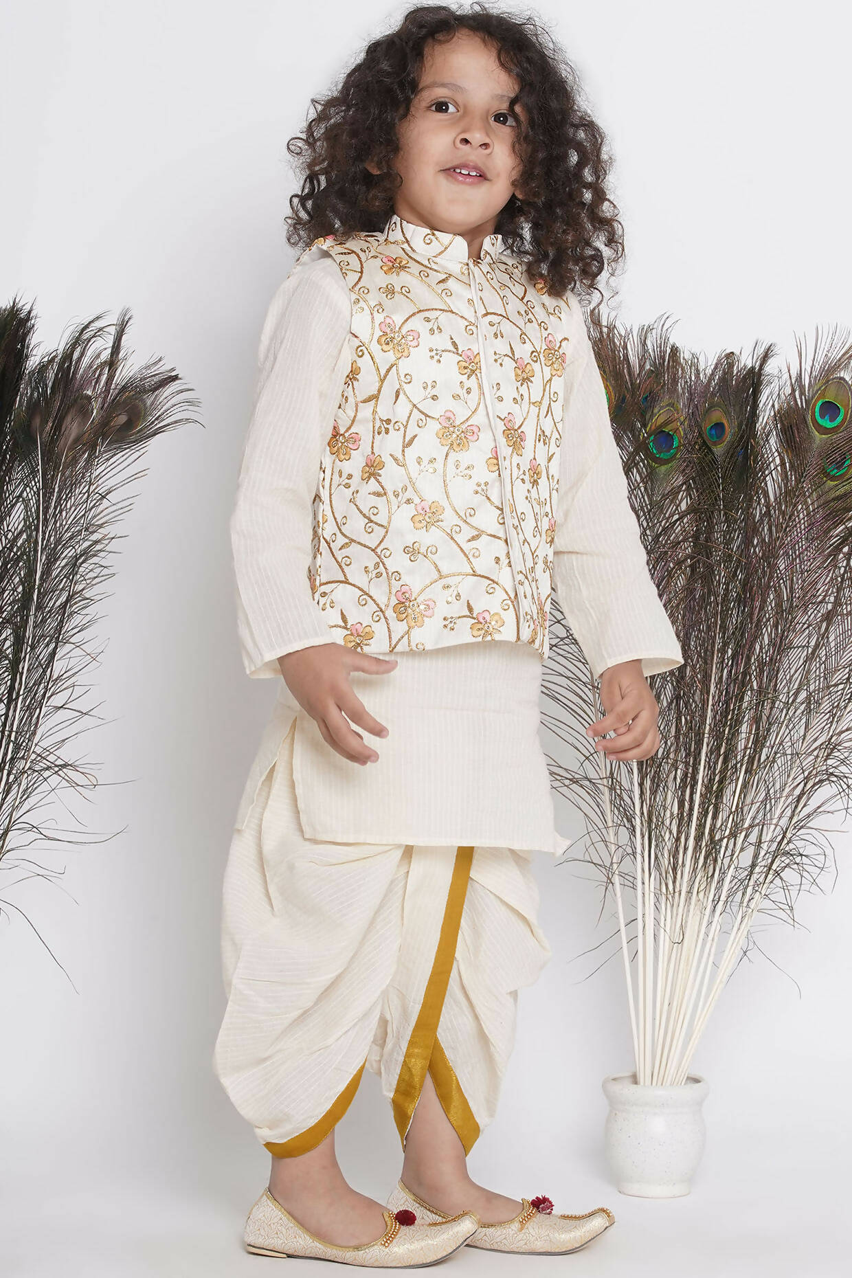 Little Bansi Banarsi Silk Orange Pink Floral Embroidery Jacket With Cotton Kantha kurta And Kantha Dhoti - Cream - Distacart