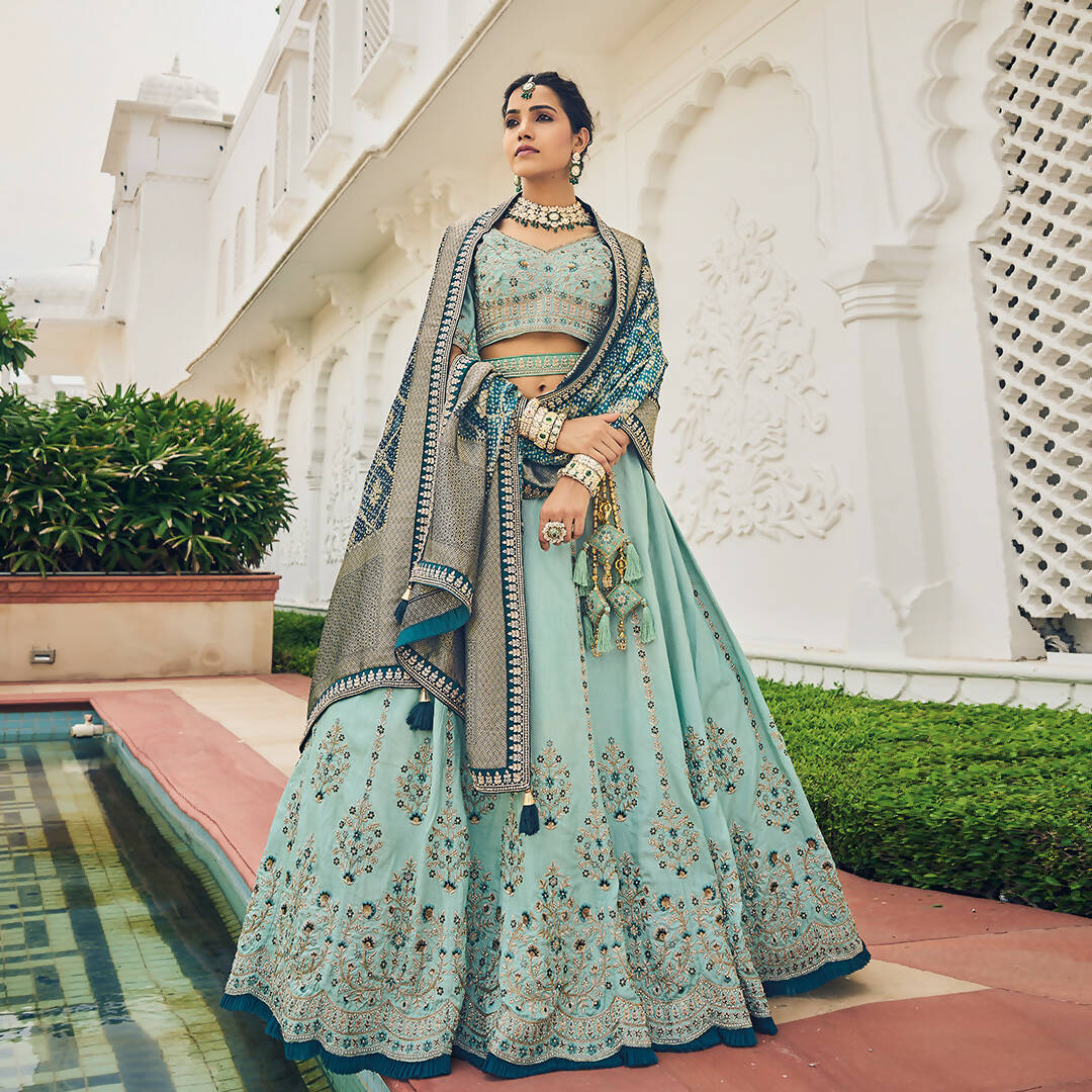 Sky Blue Heavy Viscose Khatli, Embroidery & Mirror Work Unstitched Lehenga Choli - Sisha Keshav - Distacart