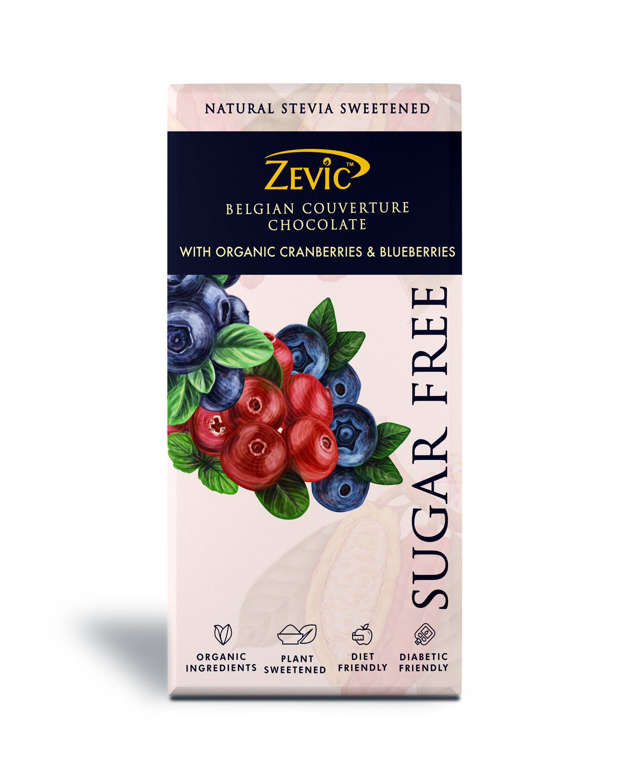 Zevic Belgian Couverture Chocolate with Organic Cranberries and Blueberries