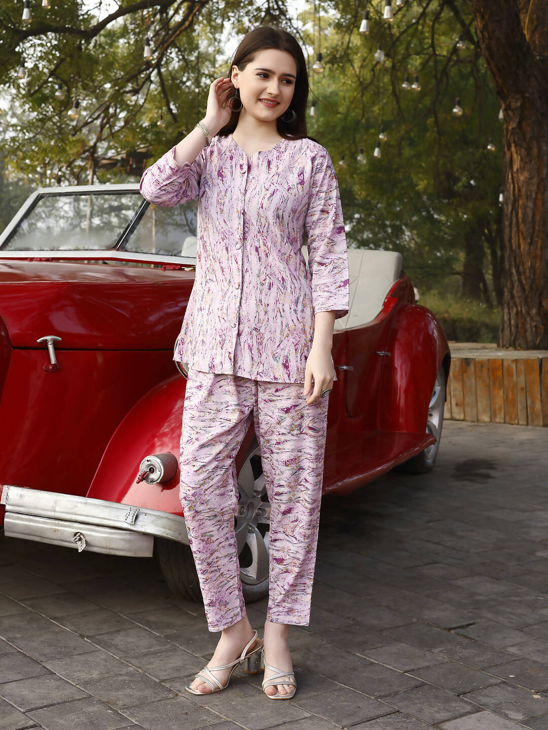 Light Purple Rayon abstract Printed Top with Matching Bottom - Eesha - Distacart