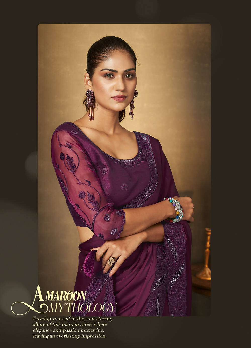 Purple Satin Silk Thread Embroidered with Swaroski Work Saree With Unstitched Blouse Piece - Norita Royal Erisha - Distacart