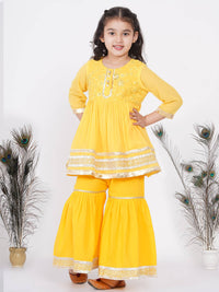 Thumbnail for Little Bansi Cotton Gotta Patti Kurta frock with Sharara & Dupatta - Yellow - Distacart