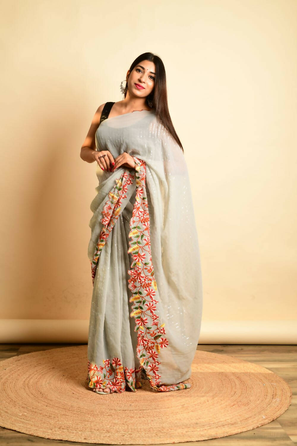Vastrasky Grey Georgette Designer Saree - Distacart