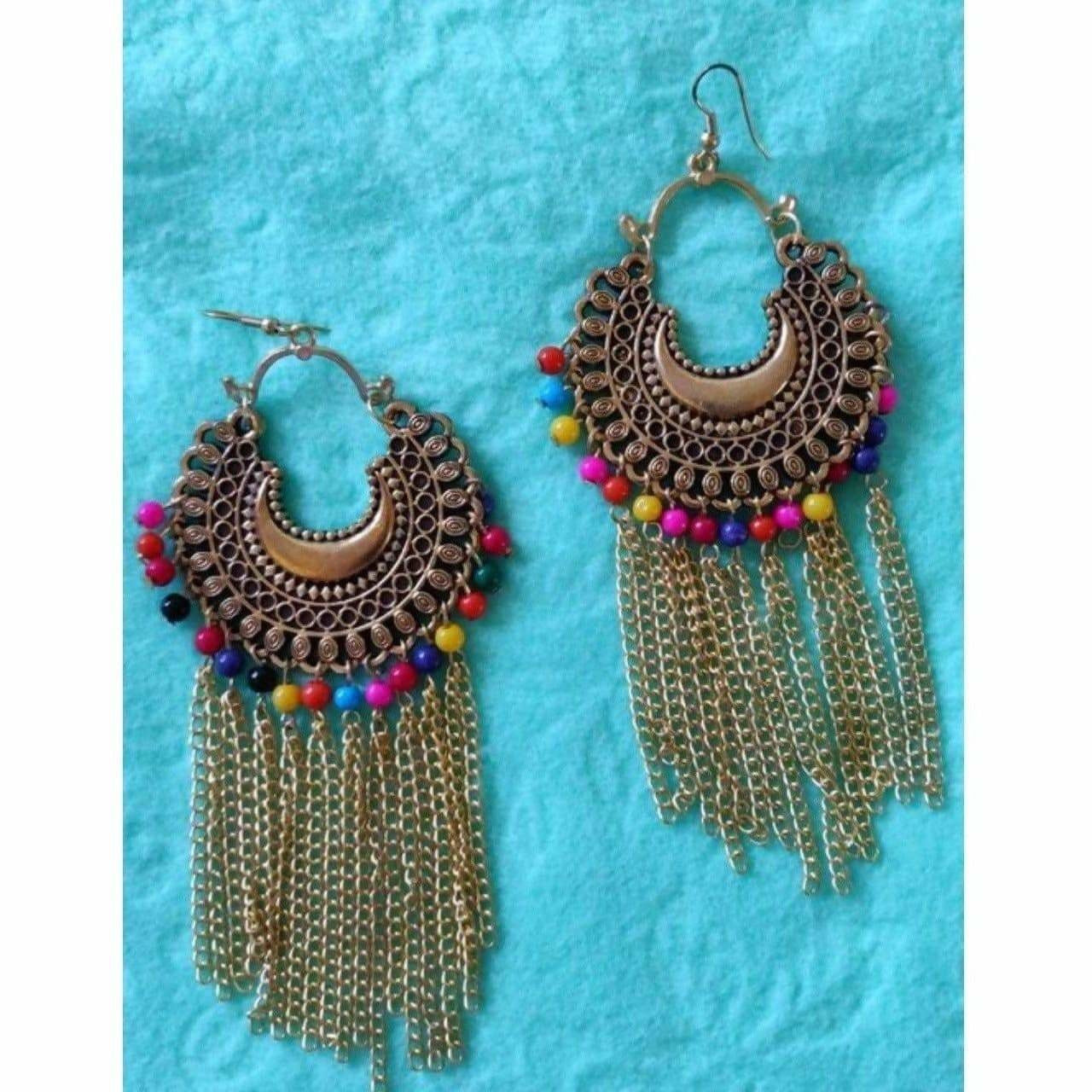 Hanging Chains Gold Plated Chandbali Multi Color Pearls Party Wear Earrings