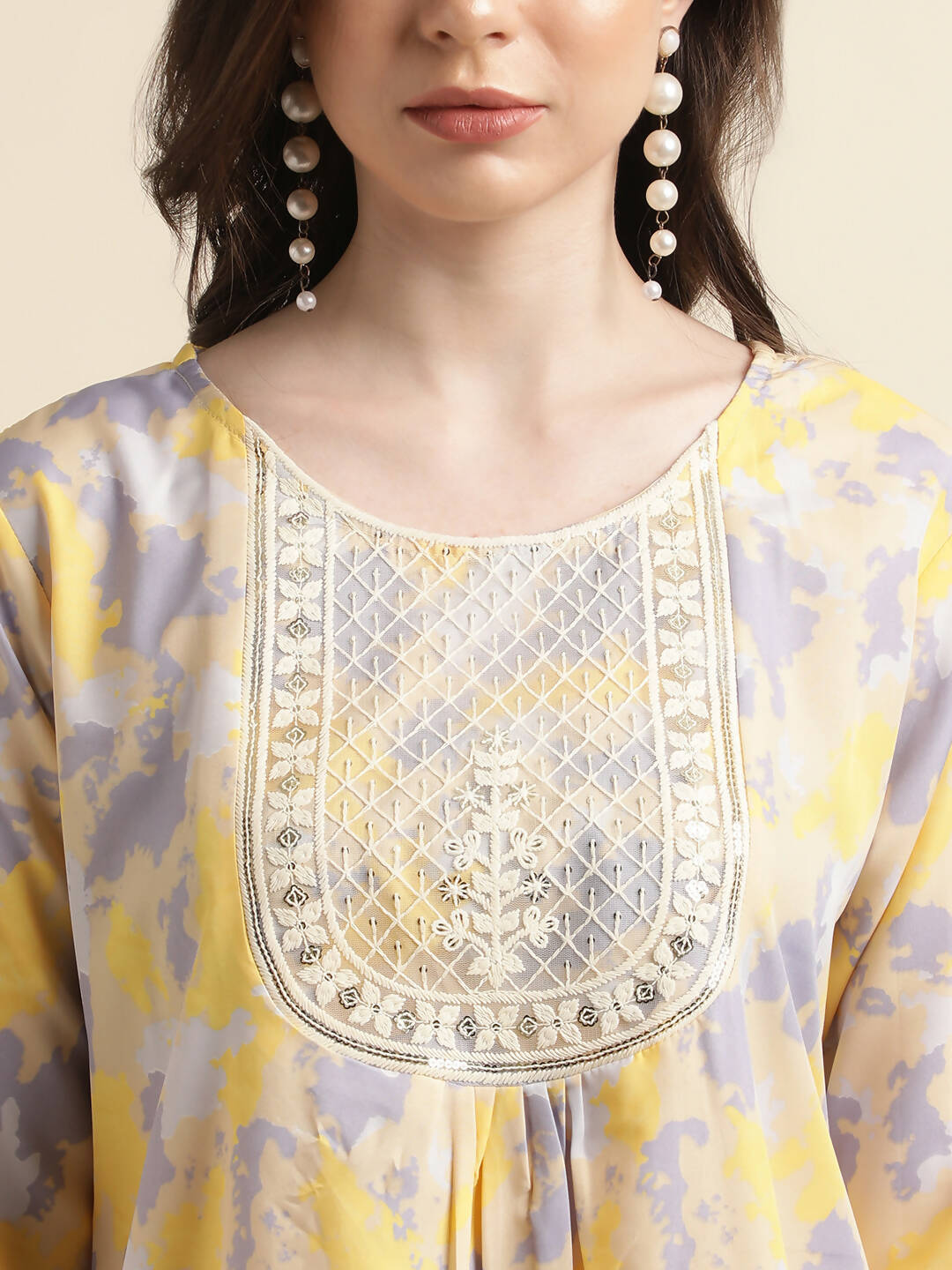 Yellow & Grey Poly Crepe Digital Printed Top with Matching Bottom - Preeti - Distacart