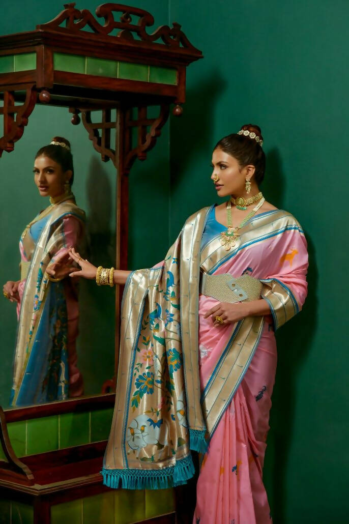 Vishnu Weaves Women's Baby Pink Paithani Silk Zari Woven Saree with Unstitched Blouse - Distacart