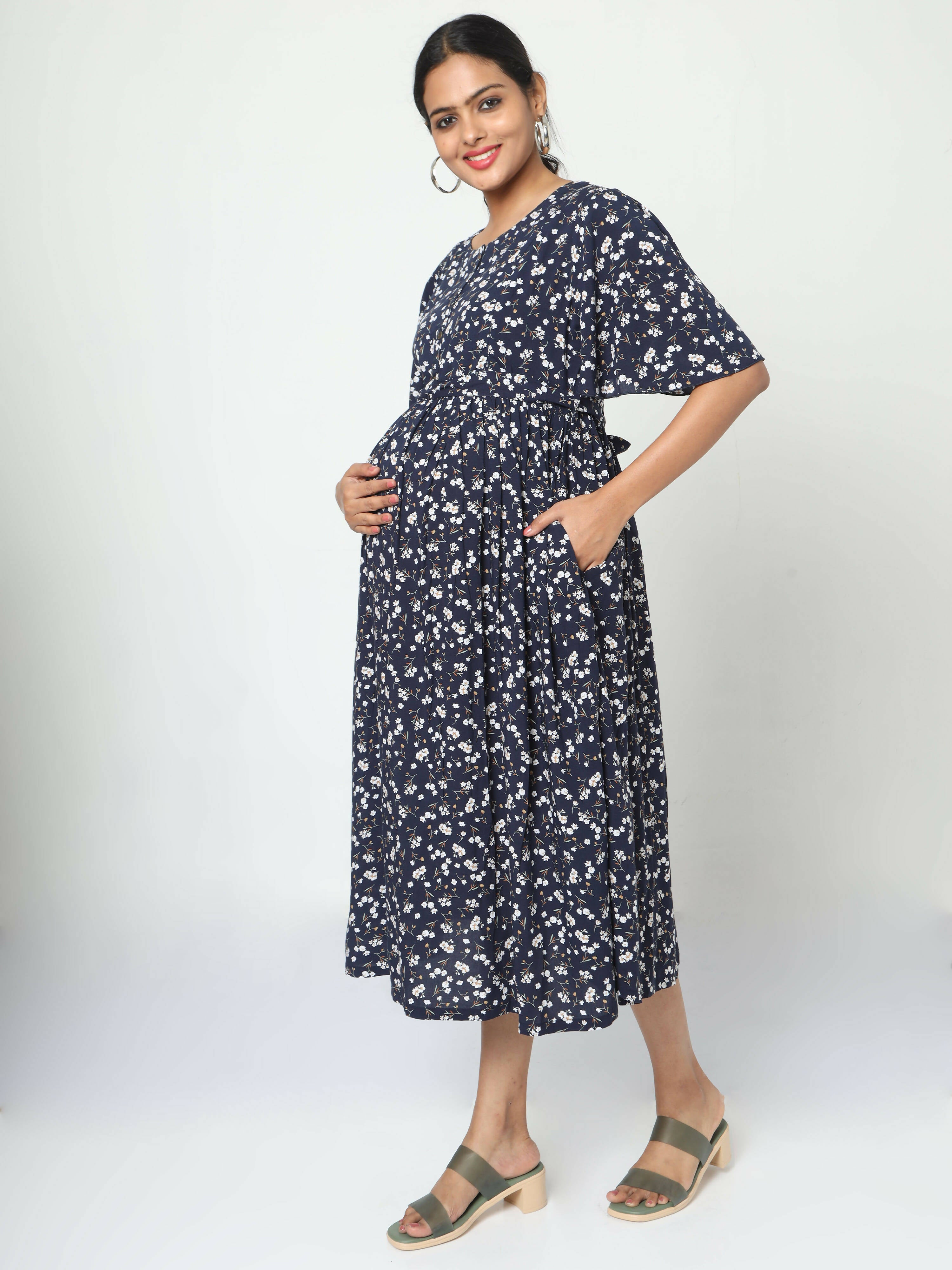 Manet Frill Slevees Maternity Dress Floral Print With Concealed Zipper Nursing Access - Navy - Distacart