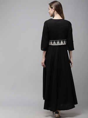 Yufta Women A-Line Black Dress With White Embroidered Jacket