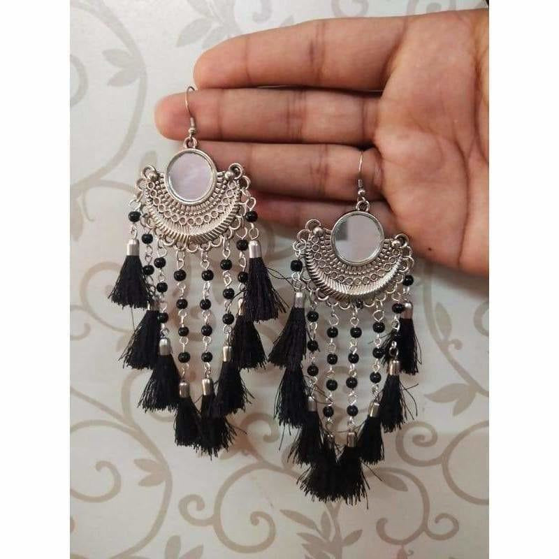 Alloy Black Color Metal Drops And Danglers Half Chandbali Mirror Earrings