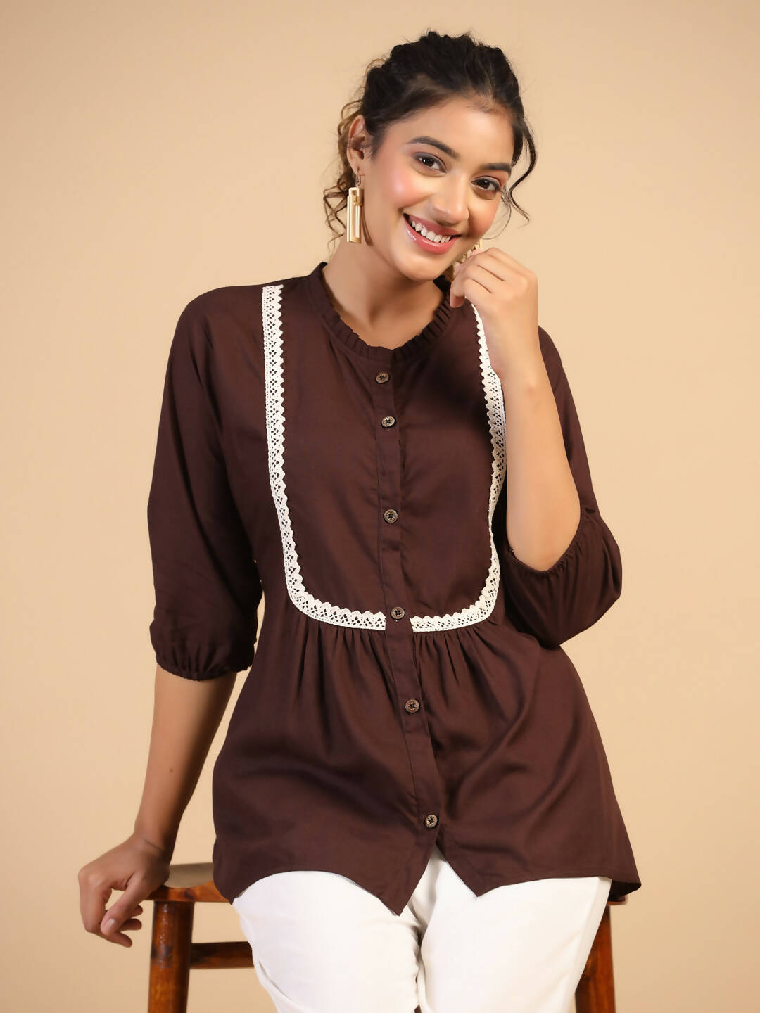Womens Brown Rayon Solid Top - Keeva - Distacart
