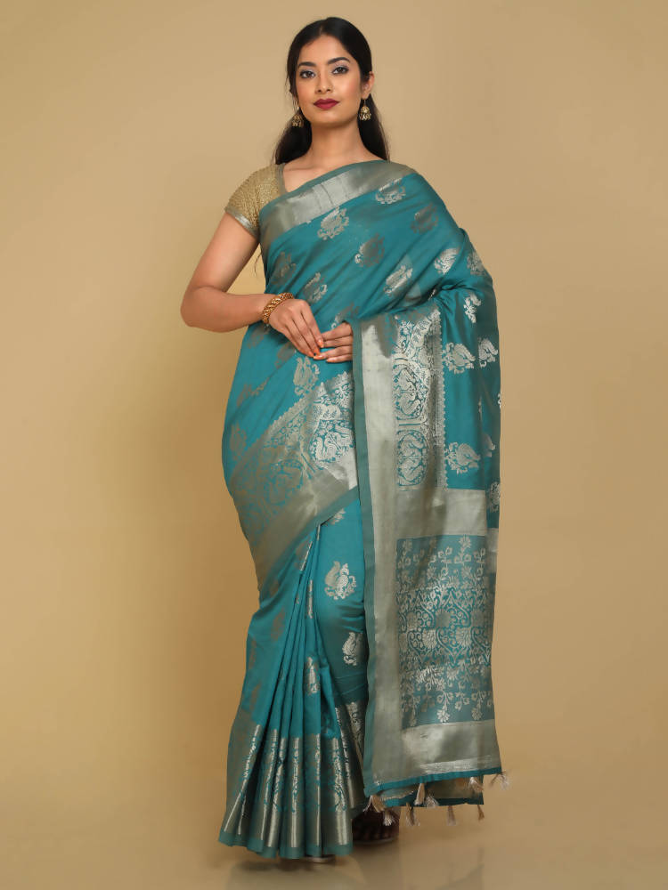 Kalamandir Peacock Print Sea Green Silk Blend Saree