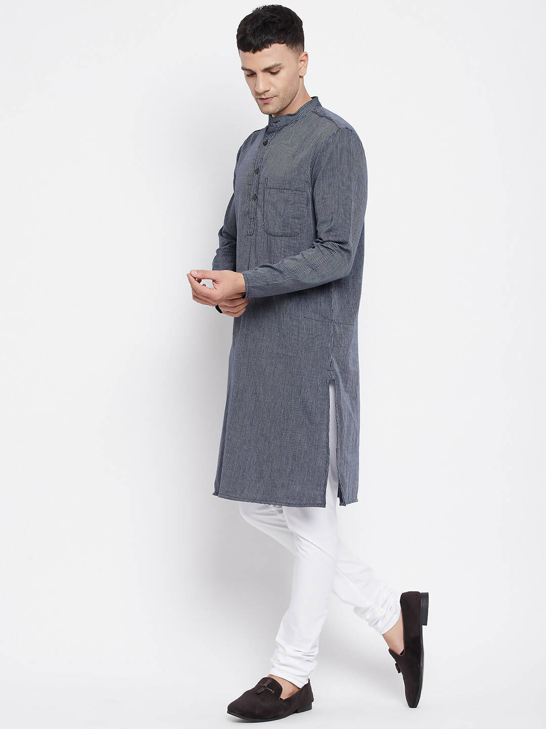 Even Apparels Grey Color Pure Cotton Men's Kurta With Band Collar - Distacart