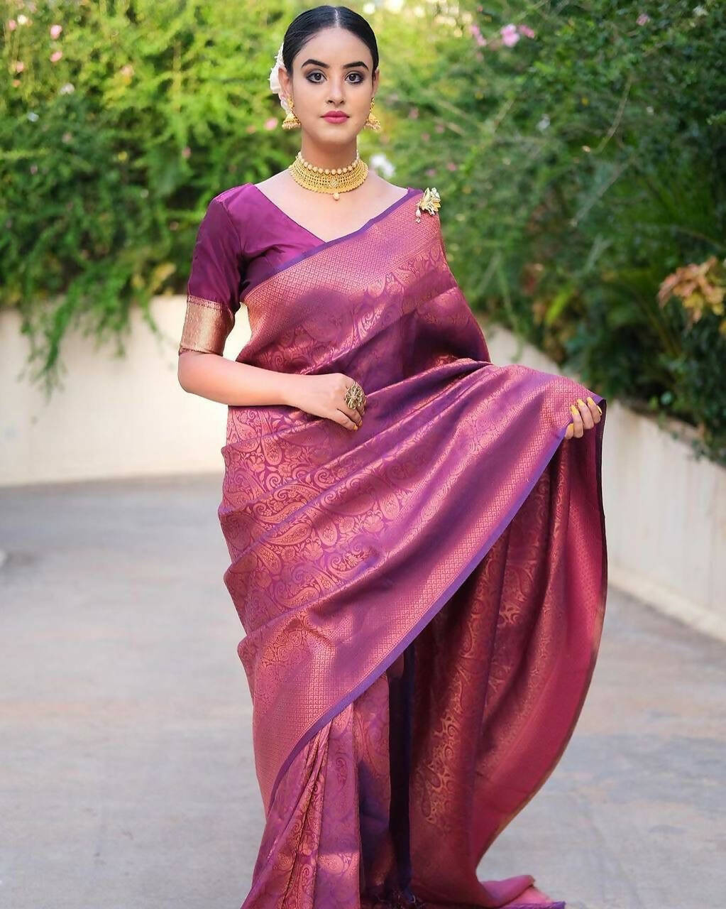 DEIANA'S Beautiful Golden Jari with New Design Soft Lichi Silk Saree - Purple - Distacart