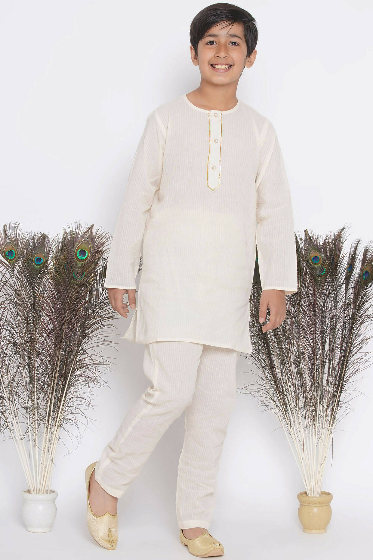 Little Bansi Banarsi Floral Embroidery Jacket with Cotton Kantha kurta and Kantha Pyjama - Cream - Distacart