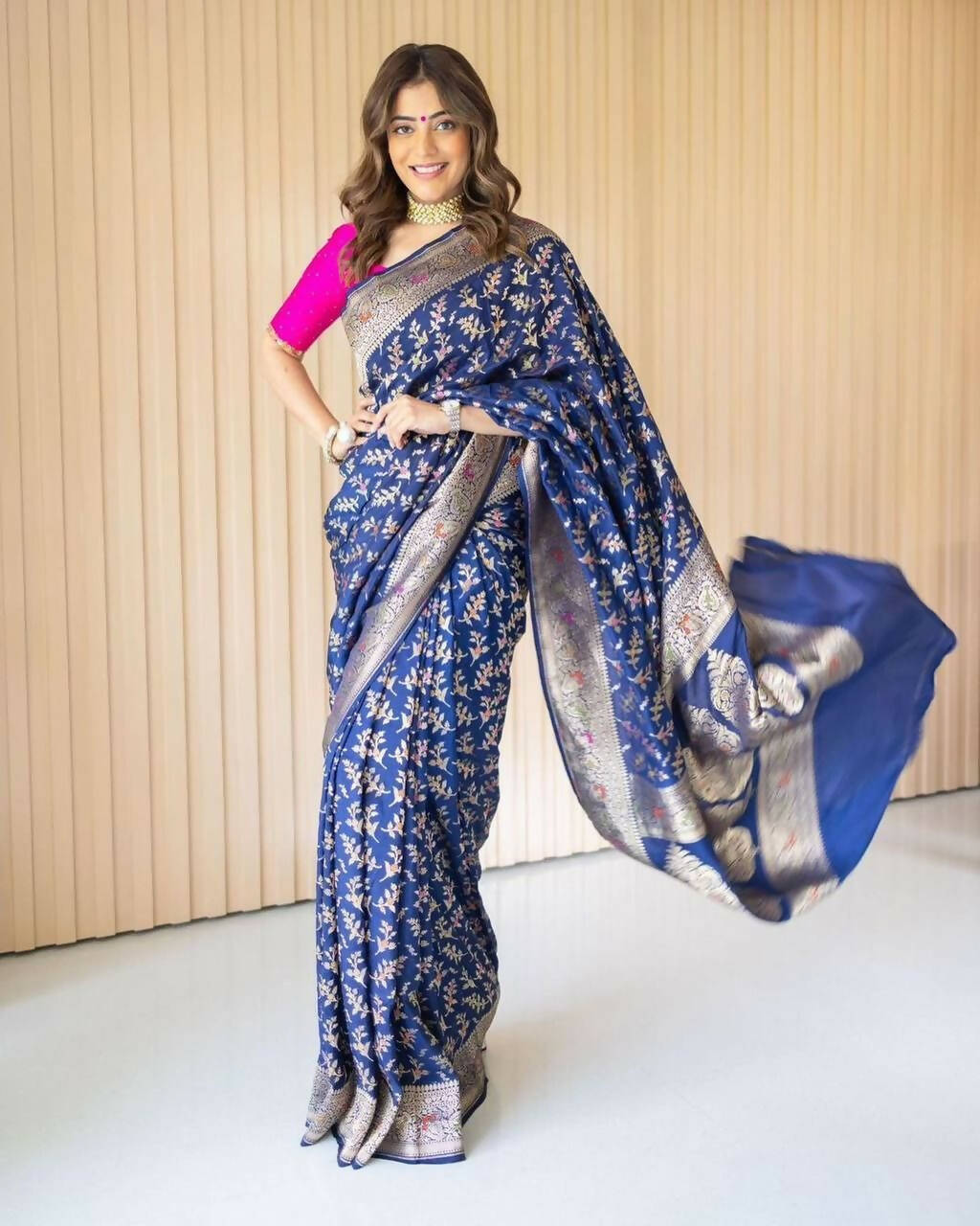 DEIANA'S Beautiful Golden Jari with New Design Soft Lichi Silk Saree - Navy Blue - Distacart