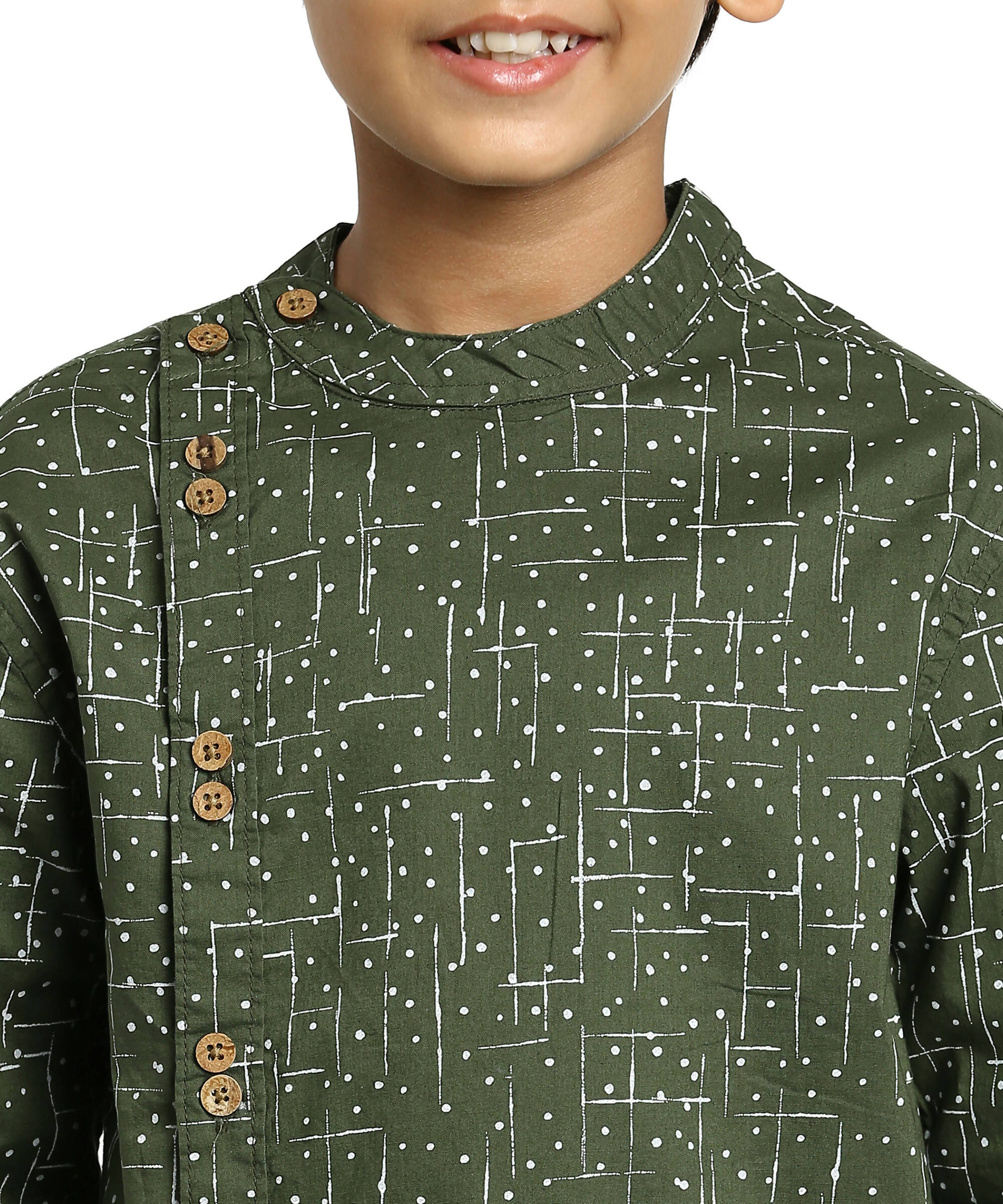 Manet Boys Full Sleeves Dot Printed Ethnic Shirt - Olive Green - Distacart