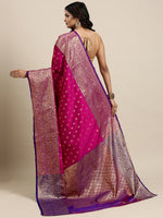 Thumbnail for Mitera Pink & Golden Ethnic Motifs Banarasi Saree with Zari Border - Distacart