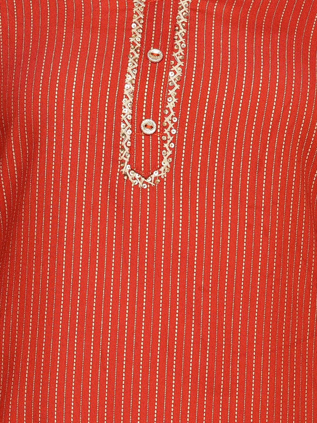 HERE&NOW Orange & Gold-Toned Mandarin Collar Striped Sequined Straight Kurta - Distacart