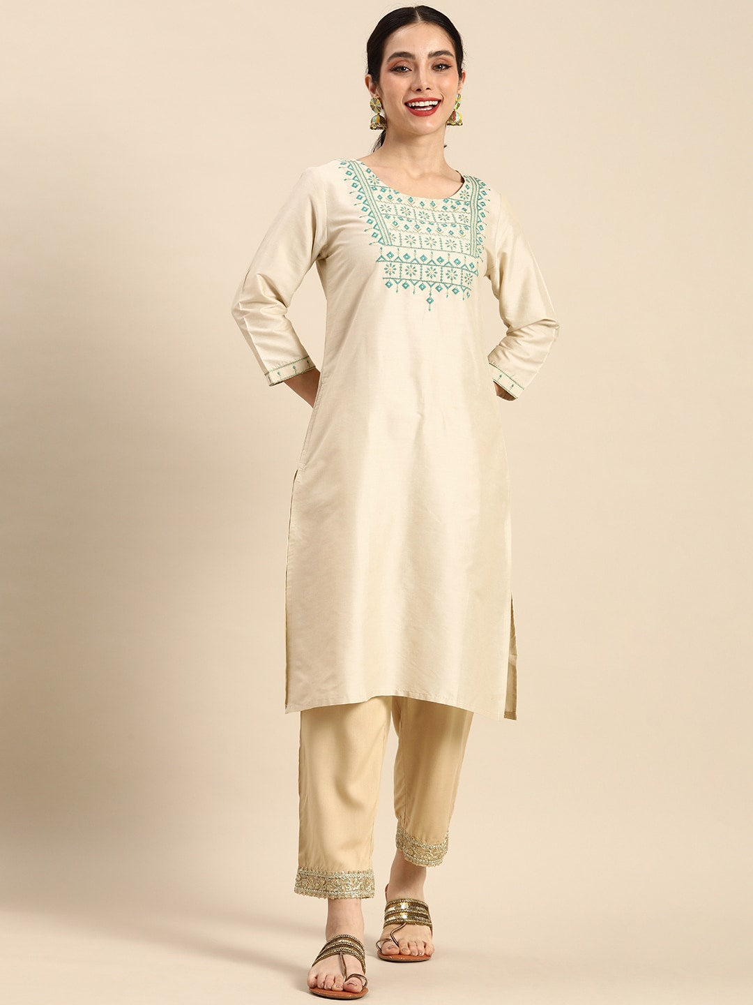 Sangria Women Ethnic Motifs Embroidered Thread Work Pastels Kurta - Distacart