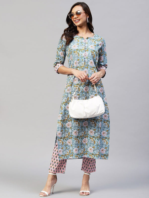 Kalini Women Blue Ethnic Motifs Printed Kurta with Trousers - Distacart