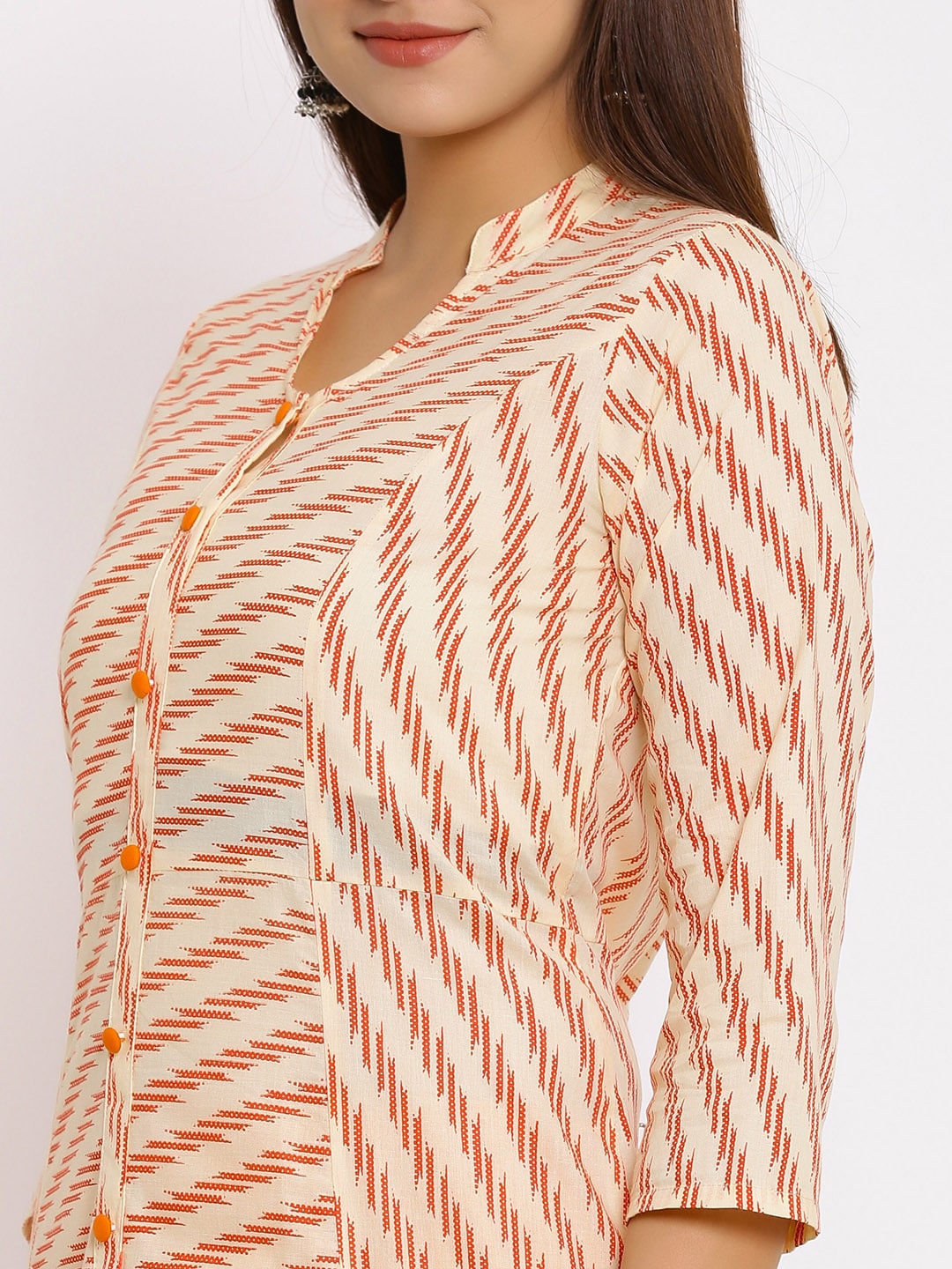HERE&NOW Orange Mandarin Collar Striped A-Line Kurta - Distacart