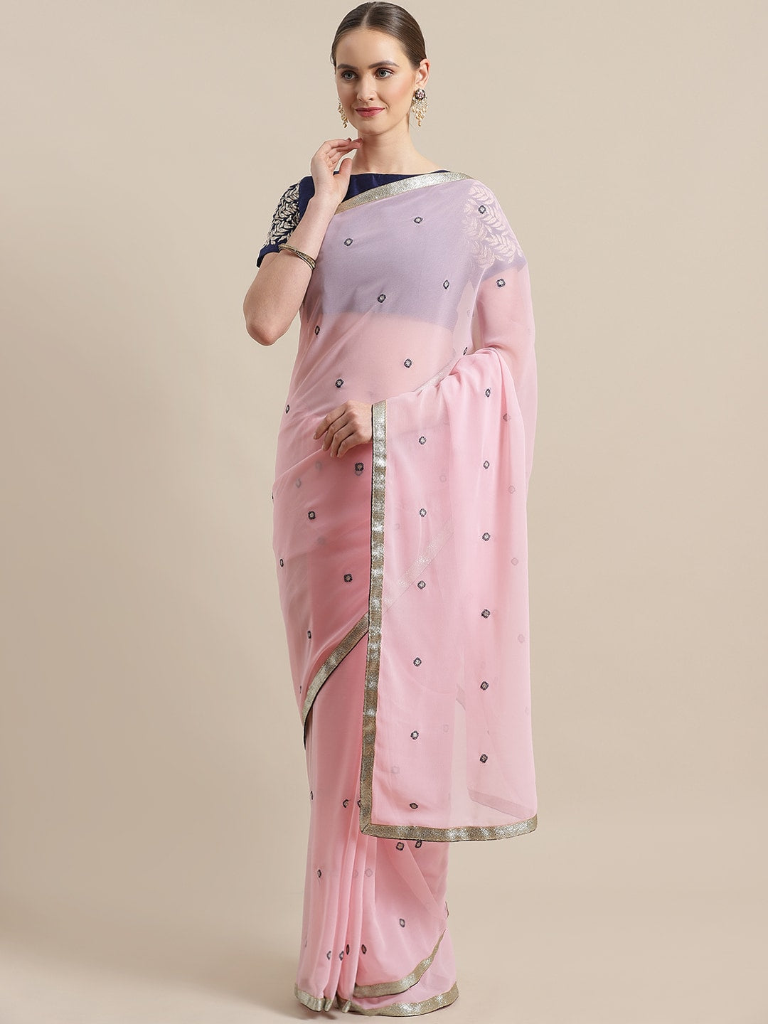 Saree Mall Pink & Navy Blue Embroidered Saree - Distacart