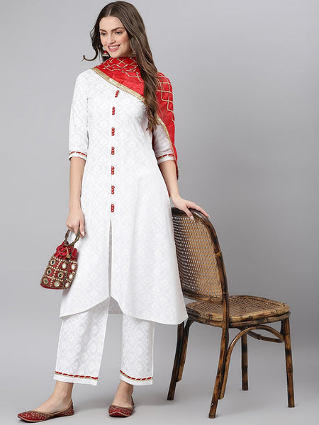 Khushal K Women White Printed Kurta with Palazzos & With Dupatta - Distacart