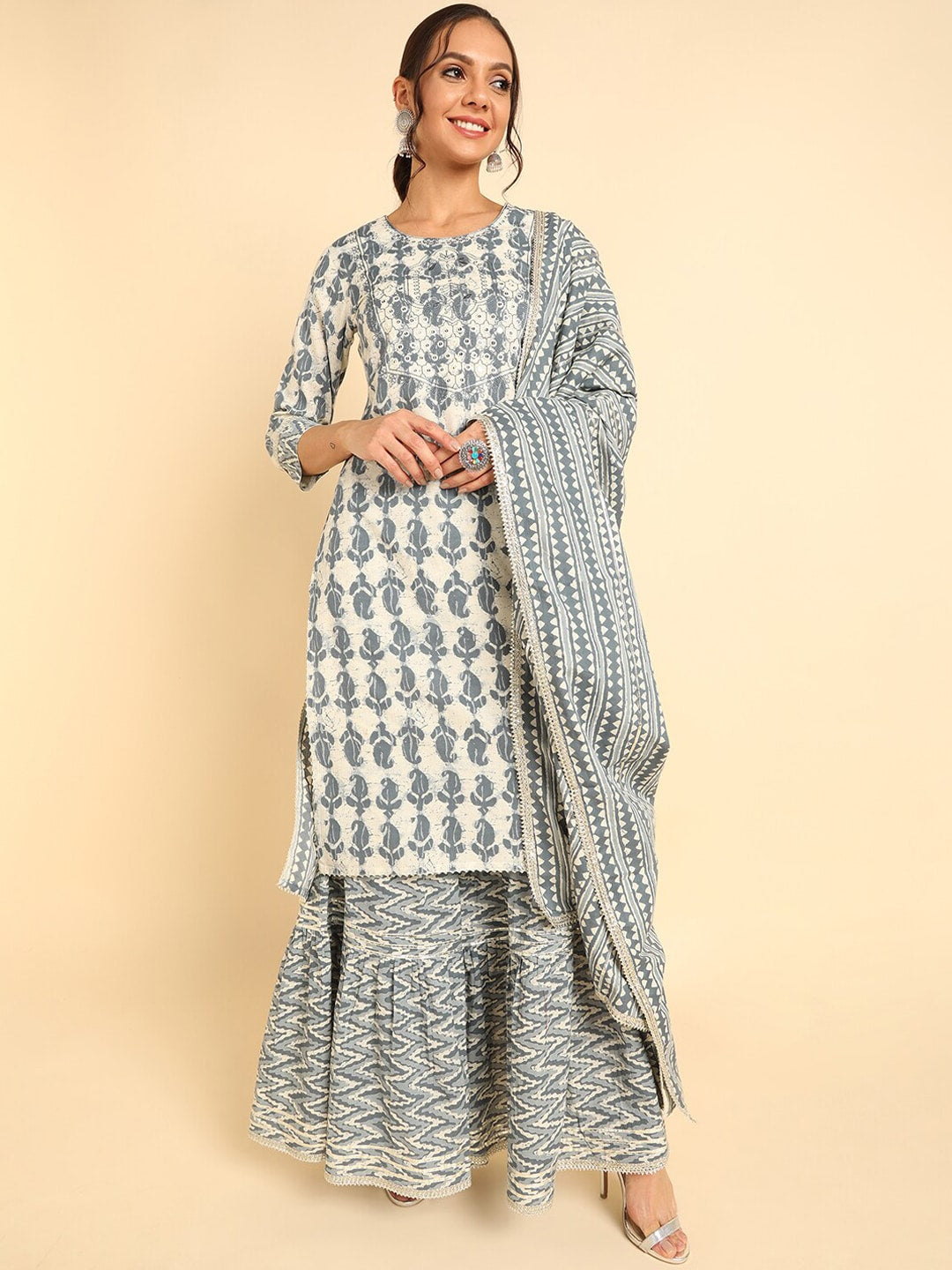Ahika Women Off White Ethnic Motifs Printed Pure Cotton Kurta with Sharara & With Dupatta - Distacart