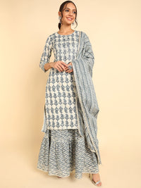 Thumbnail for Ahika Women Off White Ethnic Motifs Printed Pure Cotton Kurta with Sharara & With Dupatta - Distacart