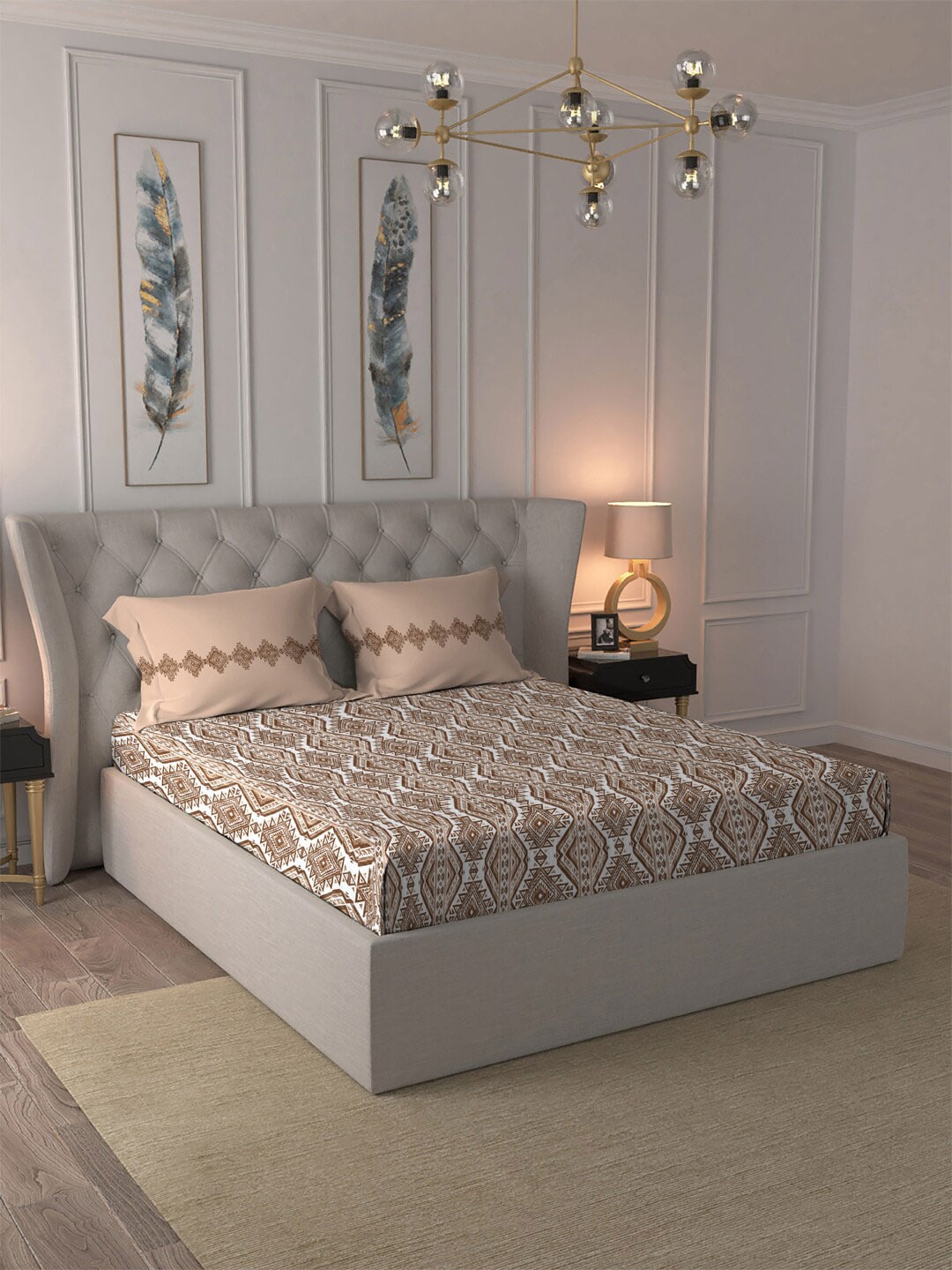 MYTRIDENT Brown Ethnic Motifs Cotton 120 TC Queen Bedsheet With 2 Pillow Covers - Distacart