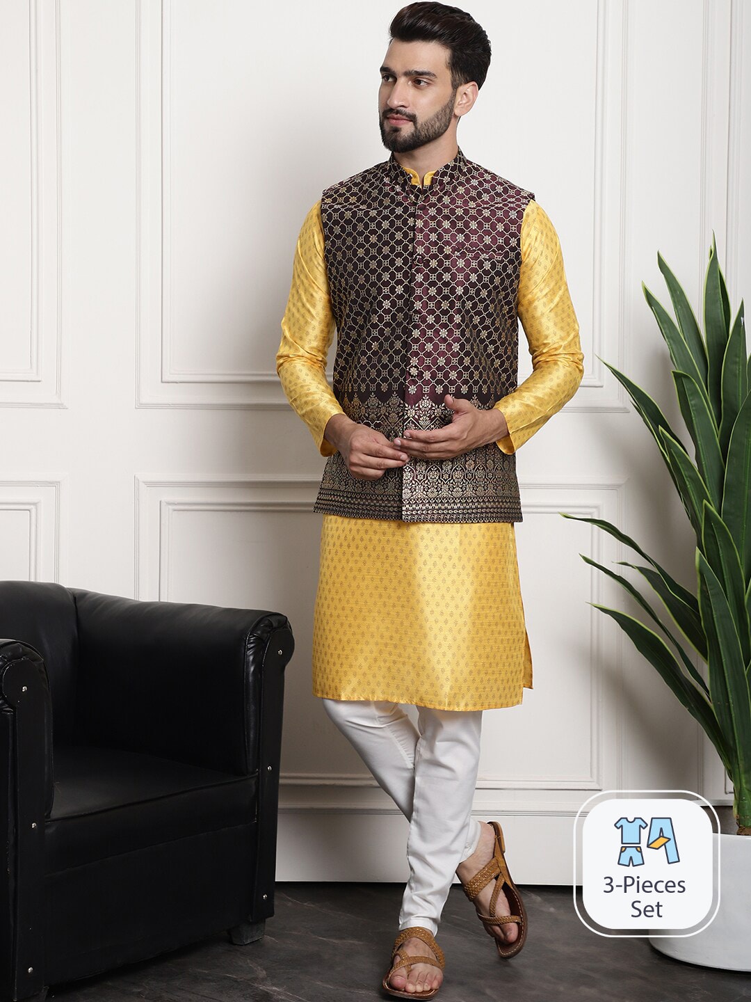 Sojanya Ethnic Motifs Printed Regular Kurta & Pyjamas With Nehru Jacket - Distacart