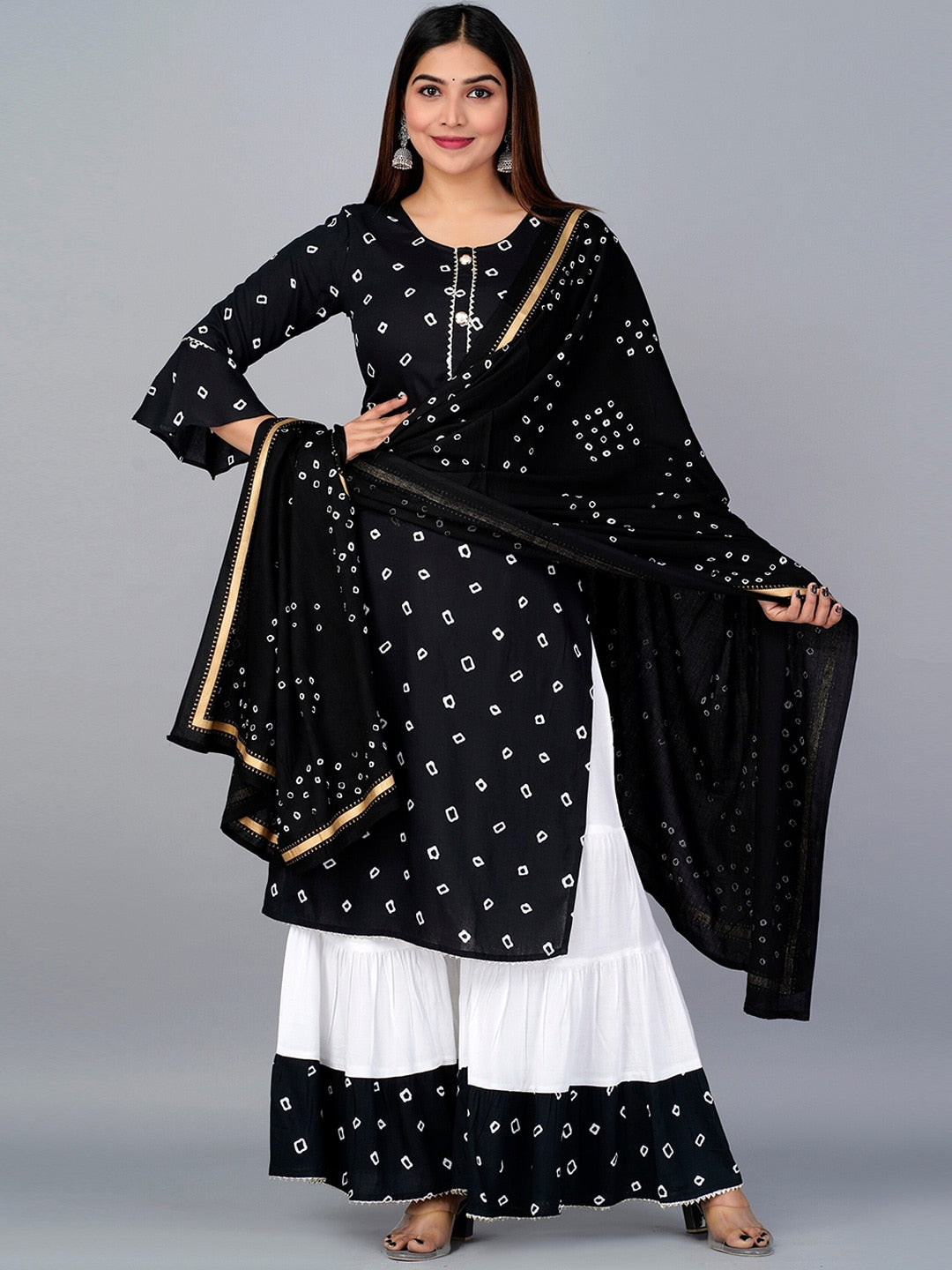 Kalini Bandhani Printed Kurta with Sharara & Dupatta - Distacart