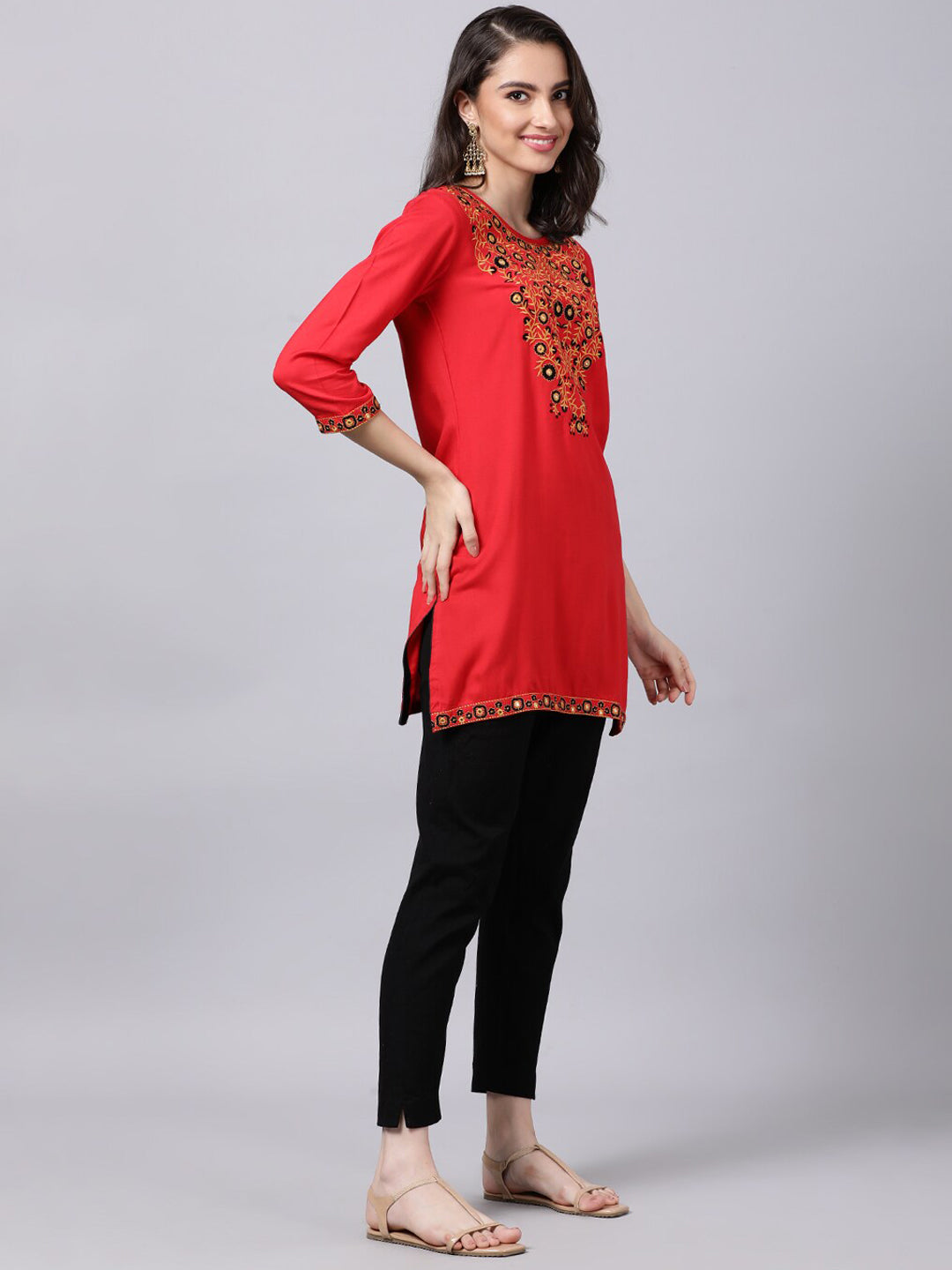 Souchii Women Red Yoke Design Thread Work Grandeur & Majestic Artwork Kurta - Distacart
