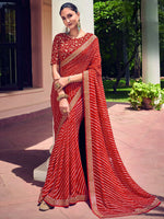 Thumbnail for Mitera Red & White Leheriya Printed Embroidered Poly Georgette Leheriya Saree - Distacart