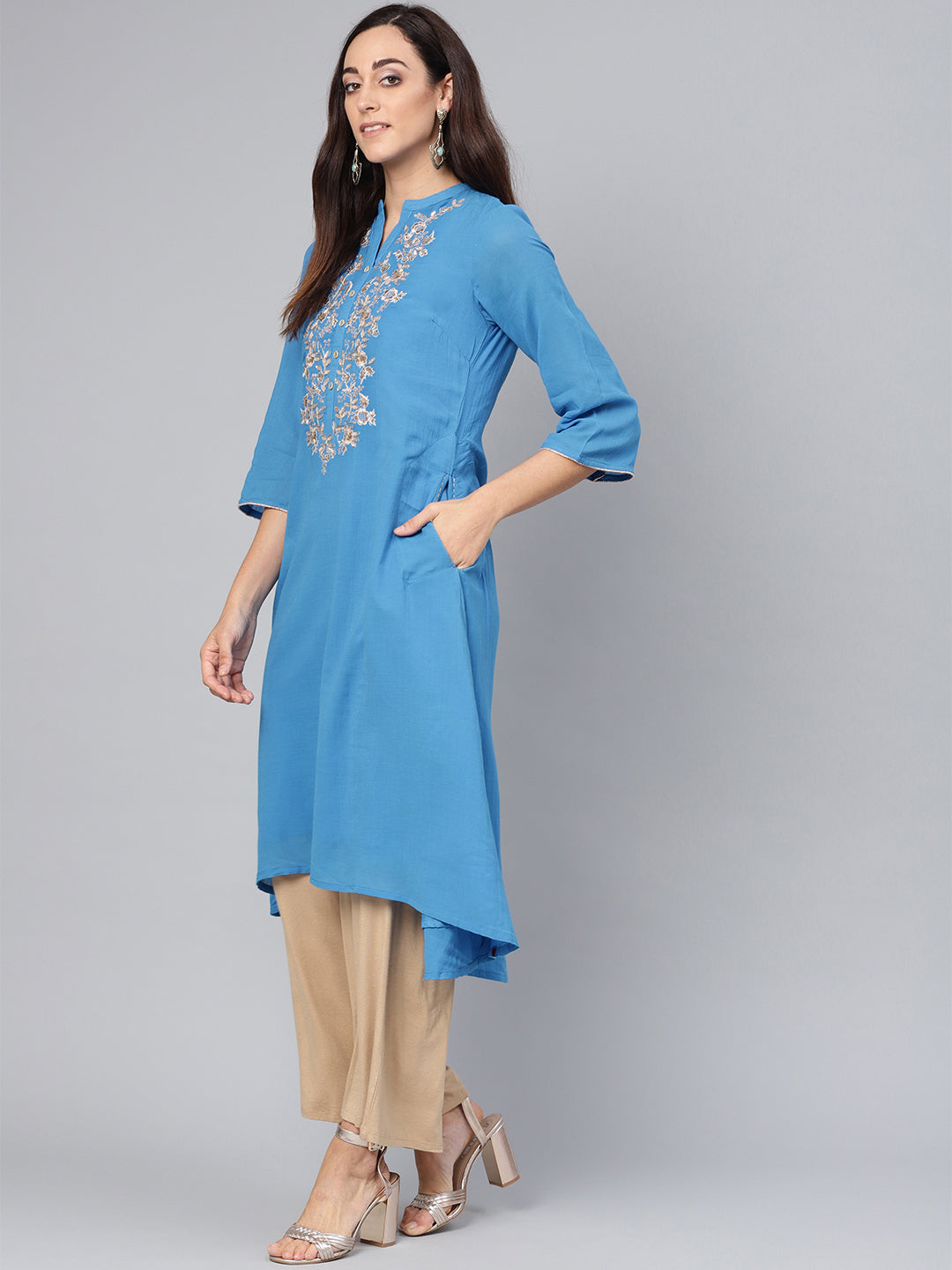 Biba Women Blue Floral Yoke Design Gotta Patti A-Line Kurta - Distacart