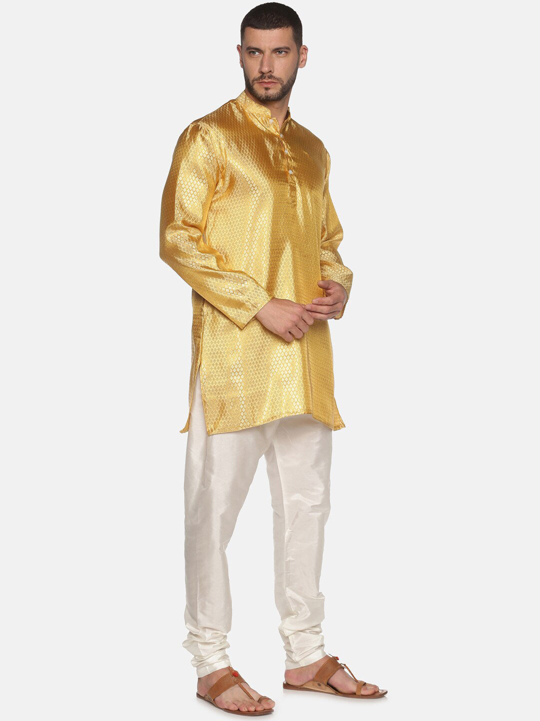 Sethukrishna Men Gold-Toned & White Kurta with Churidar - Distacart