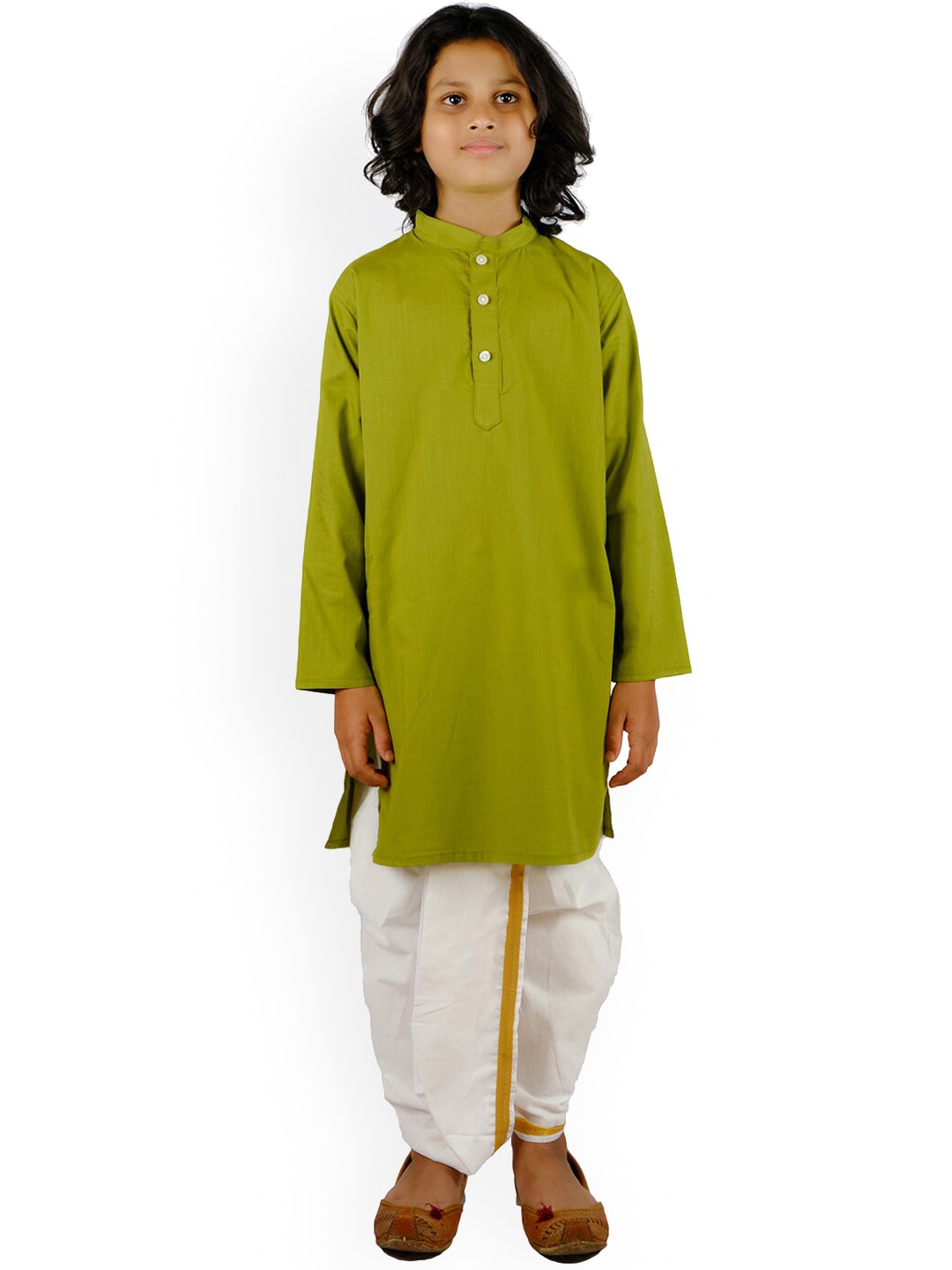 Sethukrishna Boys Green Angrakha Pure Cotton Kurta with Churidar - Distacart