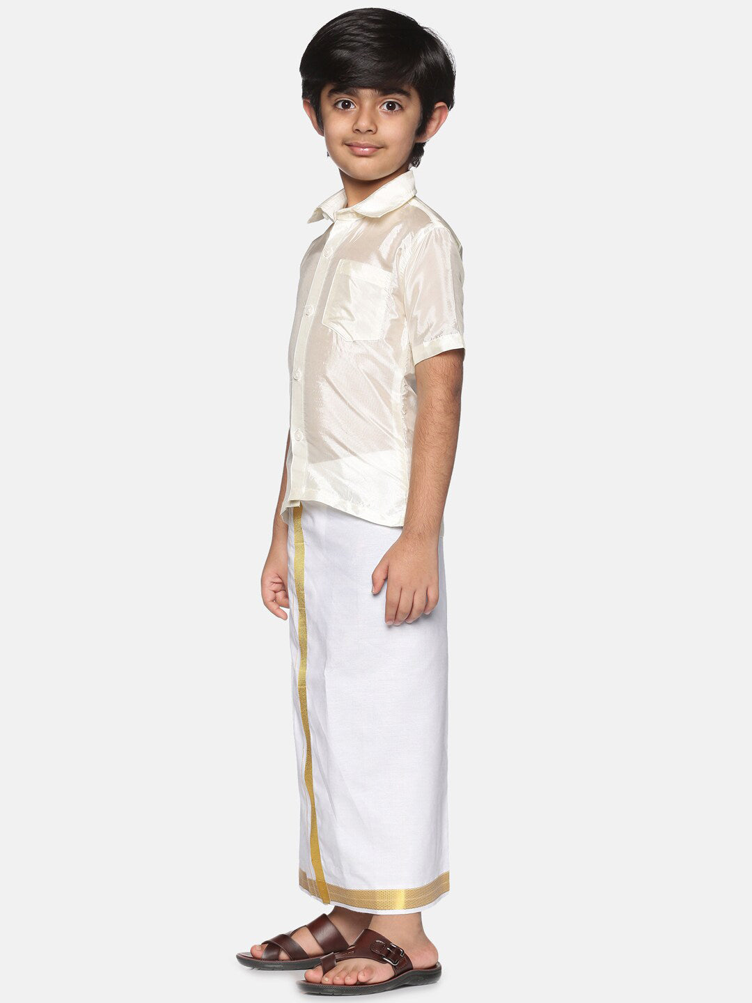 Sethukrishna Boys Cream-Coloured & Gold-Toned Shirt with Dhoti Set - Distacart