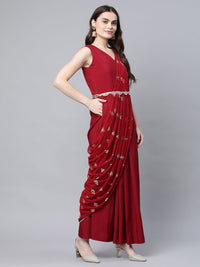 Thumbnail for Ahalyaa Women Maroon Crepe Georgette Printed Saree Dress With Printed Pallu - Distacart