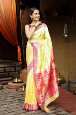 Thumbnail for Very Much Indian Handloom Pure Silk Paithani Pastel Light Yellow - Distacart
