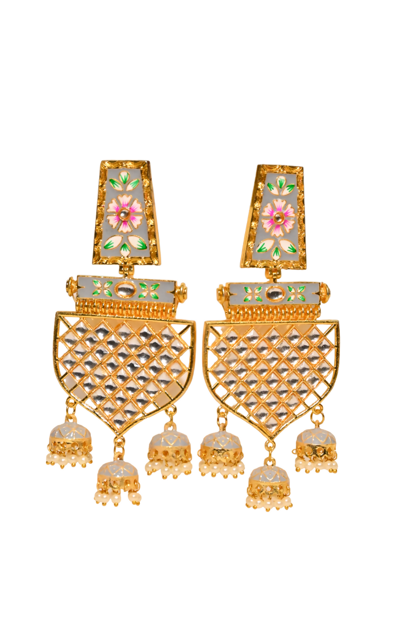 Traditional Gold-Plated Meenakari Grey Jhumka Jhumki Earrings By House of Ree - Distacart