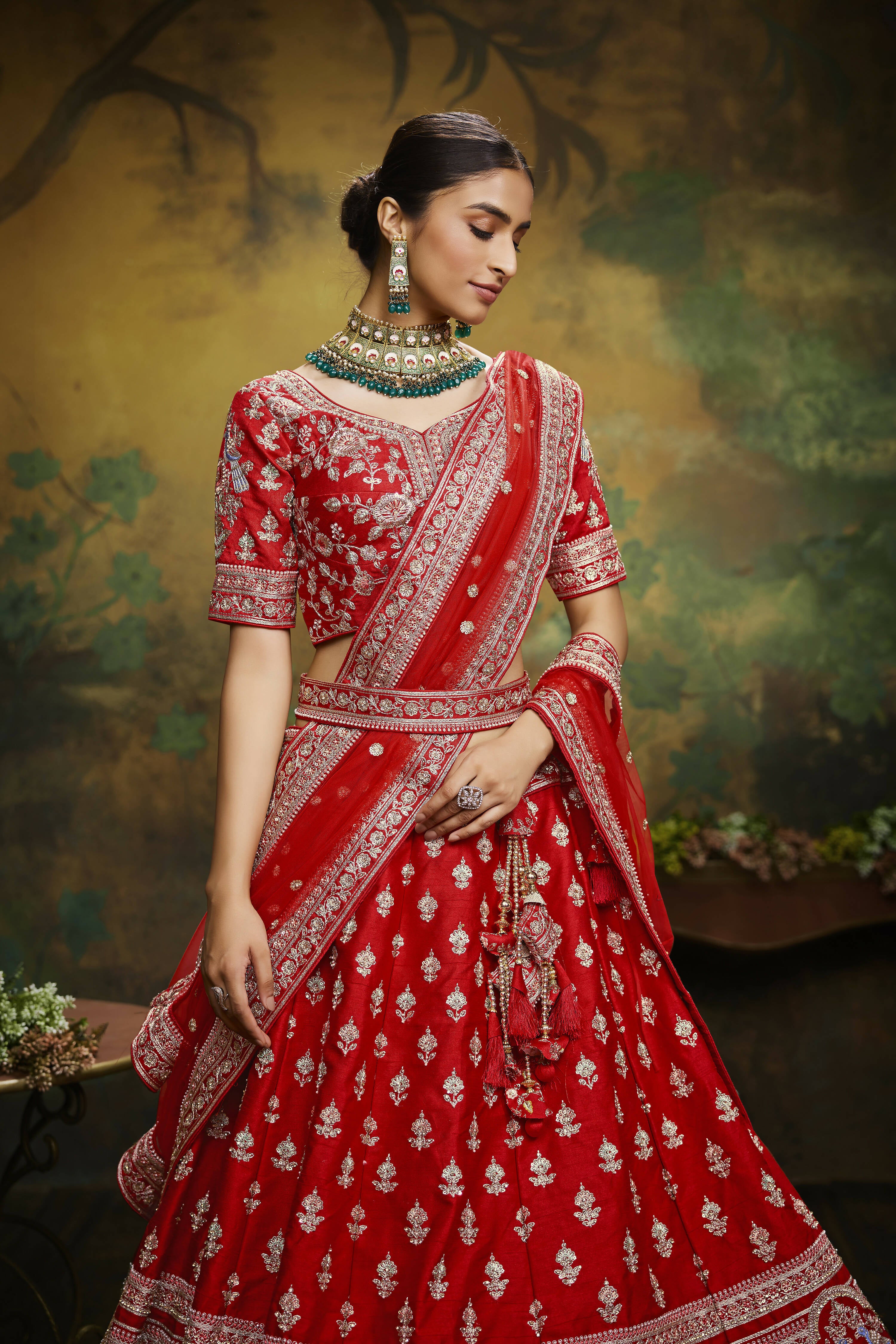 House of Panchhi Red Pure Silk Moti & Zarkan heavy embroidery Lehenga choli & Dupatta - Distacart