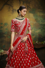 Thumbnail for House of Panchhi Red Pure Silk Moti & Zarkan heavy embroidery Lehenga choli & Dupatta - Distacart
