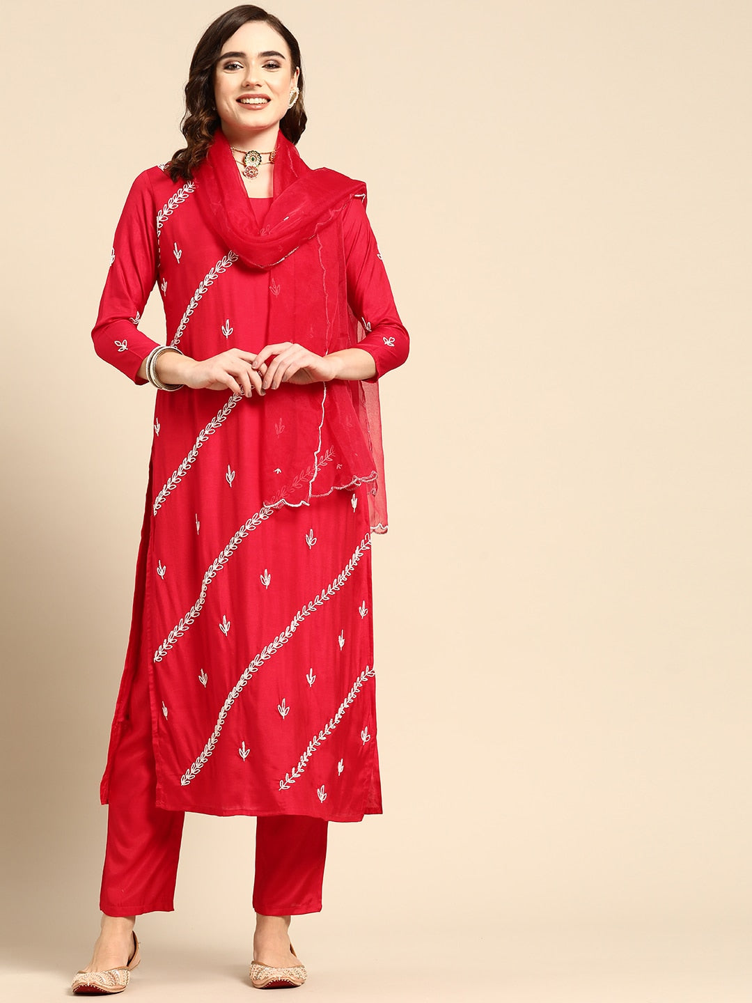 Sangria Women Red & White Ethnic Embellished Beaded Kurta with Trousers & Dupatta - Distacart