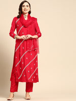 Thumbnail for Sangria Women Red & White Ethnic Embellished Beaded Kurta with Trousers & Dupatta - Distacart