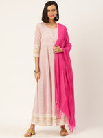 Thumbnail for HERE&NOW Women White And Pink Polka Dot Print Cotton Anarkali Kurta With Dupatta - Distacart