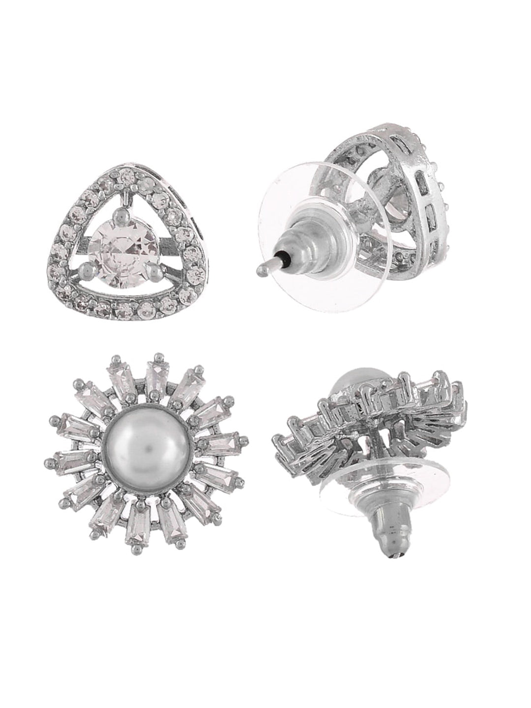 Shoshaa Set of 2 Silver-Toned Ad Stones Contemporary Studs Earrings - Distacart