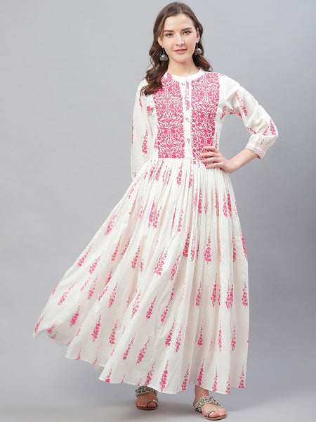 Ahika Women Off-White & Pink Printed Anarkali Kurta - Distacart