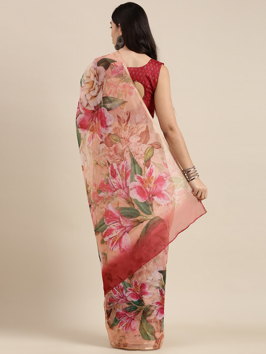 Saree Mall Pink Floral Printed Organza Sarees - Distacart