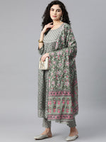 Thumbnail for Kalini Women Green Floral Printed Gotta Patti Pure Cotton Kurta With Trousers & Dupatta - Distacart